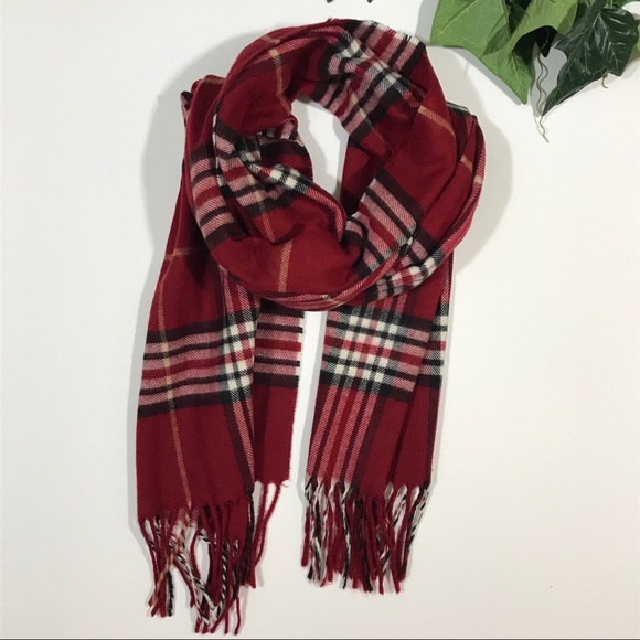 Red Tartan Plaid Fringed Wool like Scarf - Picture 1 of 7